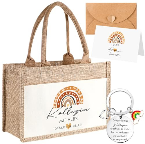 Tenare 4er Set Abschiedsgeschenk Dankeschön Kollegin Jute Handtasche Metall Schlüsselanhänger Mit Gravur Regenbögen Dankeskarte Umschlag Abschied Ruhestand Neuer Job Mutmacher