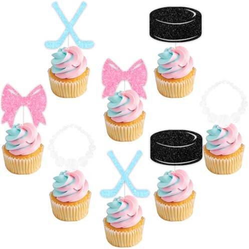 Sursurprise Cupcake-Topper, Eishockey-Pucks oder Perlen, Cupcake-Picks für Jungen oder Mädchen, Babyparty-Dekoration, Hockey er oder sie, Schwangerschaftsankündigung, Sport-Partyzubehör, 36 Stück