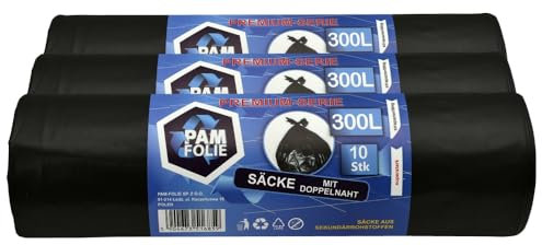 PAM-FOLIE Bolsas de basura de 300 L, 30 unidades, juego de bolsas de basura XXL, 120 x 140 cm, 45 µm, bolsas de basura negras, bolsas para escombros de construcción, bolsas de poliestireno