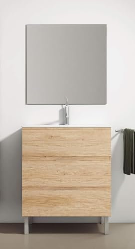 EL BAÑO MODERNO Juego de Muebles de Baño con Lavabo y Espejo - Compacto Preinstalado de Fábrica - Mueble con Lavabo de Porcelana