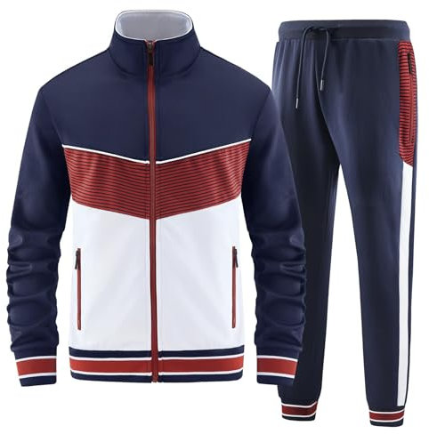 ANOTWENER Trainingsanzüge für Männer Set Trainingsanzüge 2 Stück Sets Warm Up Trainingsanzug Jogging Jogger Zweiteilige Outfits Jacke und Hose Sport Mode Laufen Kleidung Marineblau JW-085-L