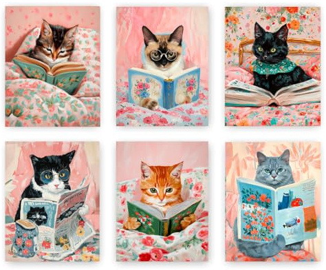 Lustiges Katzen-Poster, kreatives Wandkunst-Poster, Katzenkunst-Wanddekoration, Vintage-Katzen, Lesebücher, Leinwand, Wandkunst, rosa, lustiges Tierzimmer, ästhetisches Poster, niedliche