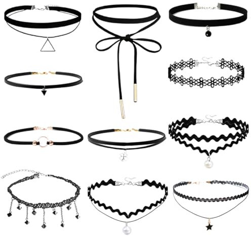 XYTAHDM 11 Stücke Gothic Choker Halsband für Damen Frauen Leder Halskette Set Metall Ring Halsband Schwarz Punk Rock Gothic Halsband Kragen für Frauen Zubehör
