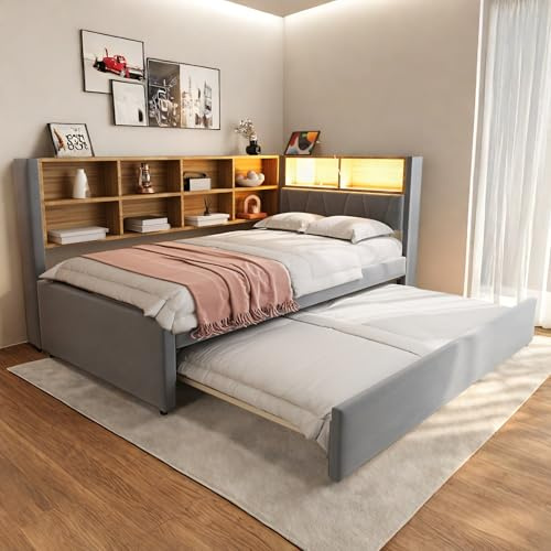Zubaliya Schlafsofa 90 x 200 cm mit LED und USB, Schlafsofa für Doppelbett, ausklappbar, 90 x 190, mit Stauraum, multifunktional, Flanell, Dunkelgrau (Matratze nicht im Lieferumfang enthalten)