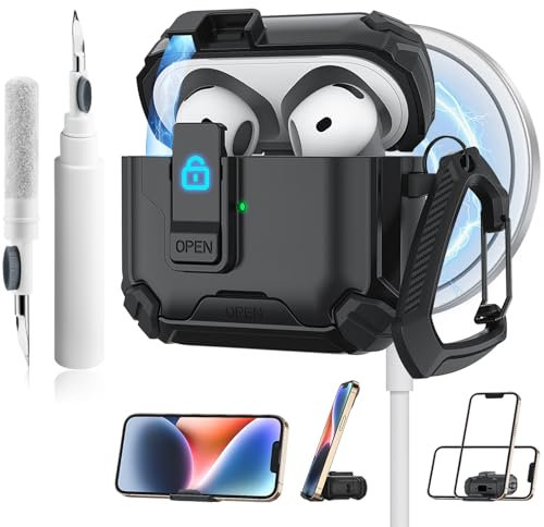 Wanme 3-in-1-Kit für AirPods 4 Hülle, mit Reinigungskit & Schlüsselanhänger, Unterstützt Kabelloses Laden Cases, Hartschalen Schutzhülle in Militärqualität mit Schloss für AirPods 4 (2024) (Schwarz)