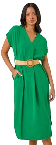 Dusk Fashion Belted Pocket Midi Dress for Women UK - Ladies Everyday Holiday Spring Summer V-Neckline Comfy Soft Evening Vacation Work Party - Green - Size ONE