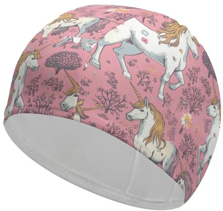 Badekappe, Stoff, Einhörner, Badekappe für kurzes, langes Haar, um das Haar trocken zu halten, wasserdichte Badekappen für Damen und Herren, dehnbar, bequem, Duschhaube, rutschfester Poolhut