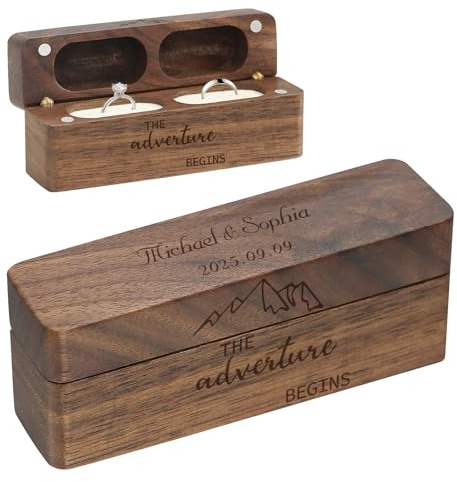 Malihome Klappbox aus Holz für 2 Ringe zur Hochzeit, rustikale Aufbewahrungsbox für Schmuck im Vintage-Stil aus massivem Walnussholz mit Gravur und Ringhalter (Rechteck-2, Add Customized)
