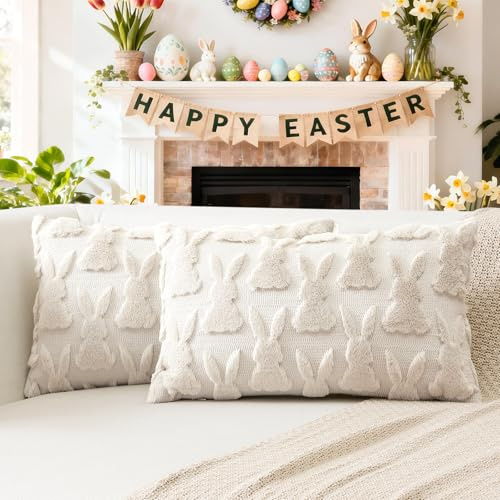 Artscope 2er Set Wolle Kissenbezüge Weicher Plüsch Kurzer Wollsamt Dekokissenbezuge Sofakissen Ostern Kissenhülle für Sofa Schlafzimmer Bunny Hase Creme Beige, 30x50cm