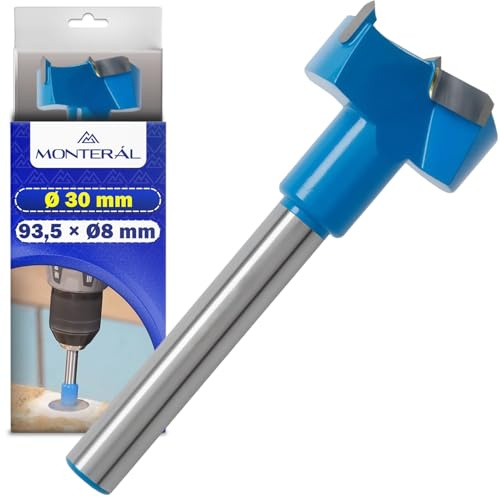 Broca Forstner Ø 30 mm con Vástago 93,5 x Ø 8 mm - Broca Madera de Acero de Alta Resistencia 88 HRC con Cuchillas de Carburo - MONTERAL