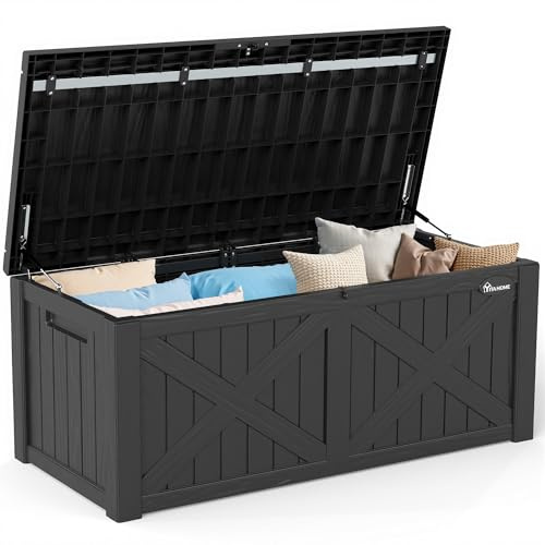 YITAHOME 450 Litre Large Deck Box with X-Front, Waterproof Outdoor Storage Bench, Resin Garden Storage Box for Patio Cushions, Pool Accessories, Garden Tools - Lockable, Black