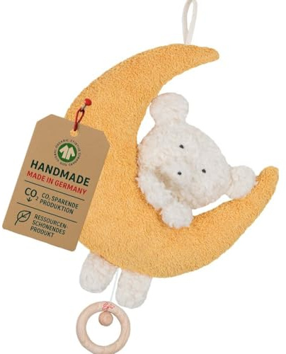 Efie Bio - Spieluhr Teddy auf Mond, kontrolliert biologischer Anbau (Organic), Made in Germany, GOTS Zertifiziert, nachhaltig, (Melodie: Brahms Wiegenlied, Guten Abend, Gute Nacht)