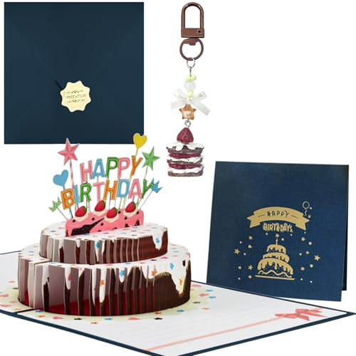 FAYAHAR Pop Up Karte Geburtstag, 3D Geburtstagskarte mit Torte, Blau | Pop Up Karte Torte, mit Umschlag und Kuchen-Schlüsselanhänger, Flach Zusammenfaltbar, für Geburtstage Jeden Alters