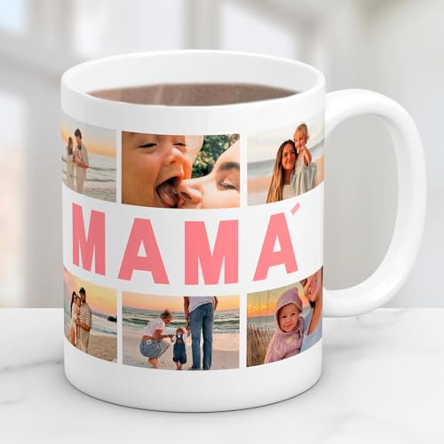 Cristal Plaque - Taza Cerámica Personalizada con 6 Fotos y Texto “Mamá” | Acabado Premium, Asa Ergonómica | Regalo Día de la Madre, Cumpleaños y Aniversario