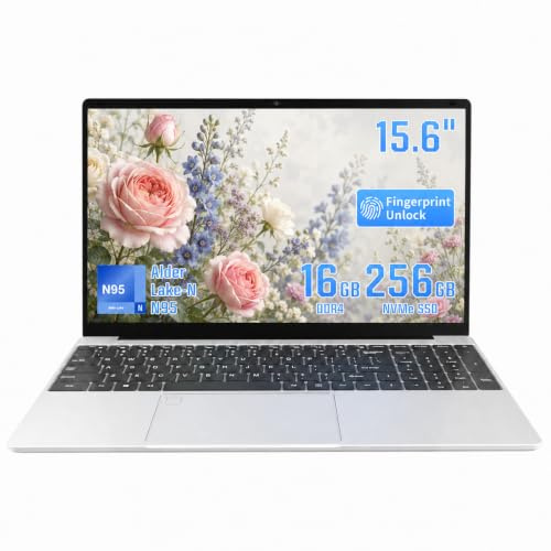 AEEVD 15.6 Inch Laptop, Win 11 pro, N95 (Up to 3.4GHz), 16GB DDR4 RAM 256GB SSD, FHD 1080P IPS Screen, Backlit Keyboard with Numeric Keypad, Fingerprint Reader, 5000mAh Long Battery Life, Silver