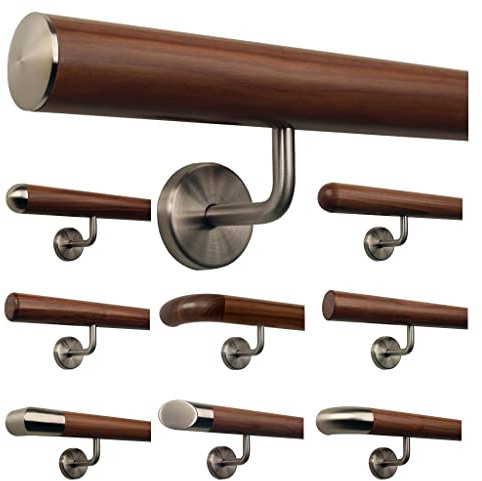 TIBU Ami Nussbaum Geländer Handlauf Treppe Holz Griff gewinkelt Edelstahlhalter, Länge 30-500 cm - Variante: 300 cm mit 4 Halter und Ende leicht gewölbte Edelstahlkappe