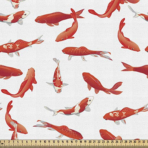 ABAKUHAUS Koi Fisch Stoff als Meterware, Asiatische Glückssymbol, Qualitäts Stoff Dekorativer Polster Heimtextilienstoff, 2M (148x200cm), Zinnoberrot und Weiß