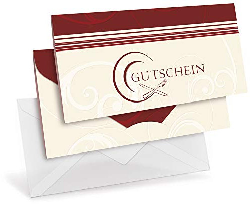 Gutscheinkarten (10 Stück im Set) mit transparenten Briefumschlägen - Geschenkgutscheine für Gastronomie, Restaurant, Gaststätten - DIN lang Faltkarte verschließbar