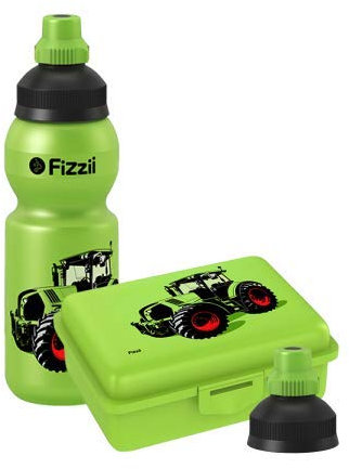 Fizzii Set Trinkflasche 330ml + Lunchbox inkl. Obst-/ Gemüsefach (schadstofffrei, spülmaschinenfest, Motiv: Mini Trecker)
