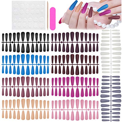 EBANKU 240 Pieces Colorful Coffin False Nails, Extra Long Press on Nails Full Cover Fake Nails Tips with Nail Stick Nail File and 24PCS Nail Adhesive Tabs, Ballerina Nail Kits for Women