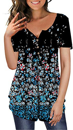 GSFANG Women's Casual Long Sleeve Floral Henley V-Neck Loose Fit Pleated Tunic Shirt Blouse Tops - - S