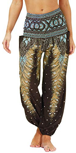 Nuofengkudu Damen Hippie Harems Hose Pumphose Haremshose Aladdinhosen Boho Gemustert Gesmockte Taille mit Taschen Yogahose Freizeithose Sommerhose Strandhose(Y-Muster I,One Size)