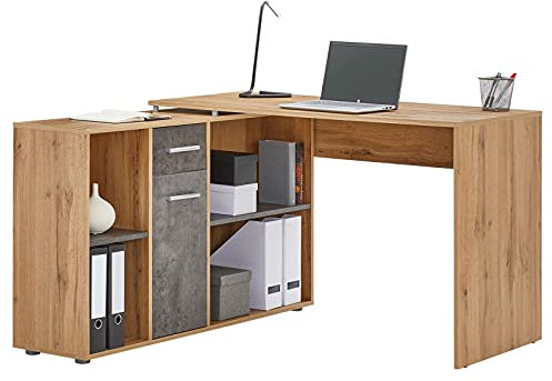 CARO-Möbel Eckschreibtisch Diego mit Regal, moderner Bürotisch für das Homeoffice, funktionaler Computerschreibtisch in Wotan Eiche/Beton dunkel