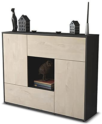 Stil.Zeit Highboard Kommode Vicky, Korpus anthrazit matt, Front Holz-Design Zeder (136x108x35cm), Push-to-Open Technik & Leichtlaufschienen