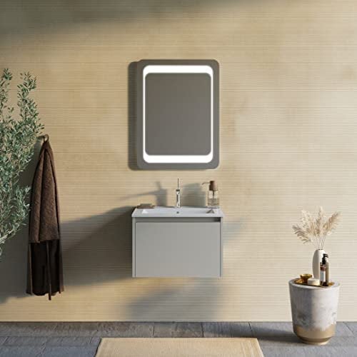 KIAMAMI VALENTINA - Badmöbel 60cm in Sandfarbe, Waschbecken und Spiegel 60x80 | Monaco