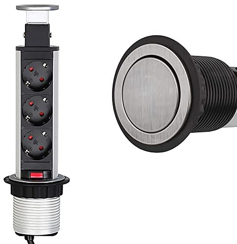 Multipresa Verticale da Incasso Estraibile con 3 Prese Schuko, Presa Retrattile da Tavolo e Scrivania, Cavo 1,8m, Finitura a scelta tra Alluminio e Nero, Foro Ø60mm