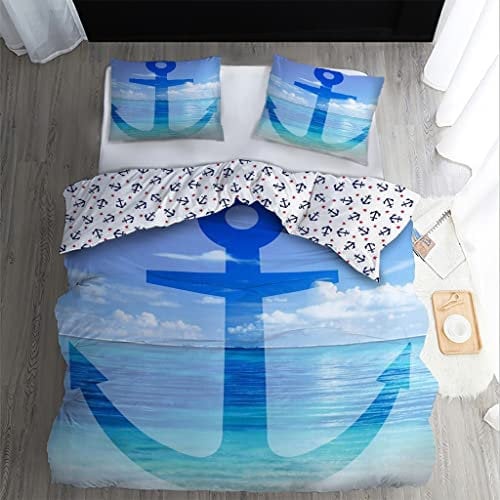 WQIZXCW Bettwäsche 135x200 2er Set, Anker Wendebettwäsche - 110gsm Weiche Microfaser, Maritim Meer Blau Bettbezug mit Reißverschluss und 1 Kissenbezug 80x80 cm