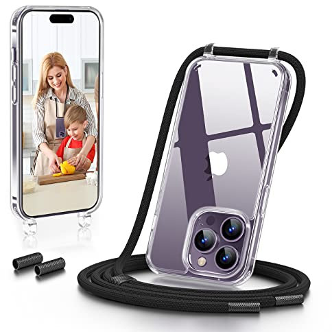 GOODVISH Handykette Kompatibel mit Apple iPhone 14 Pro 6,1 Display, Necklace Hülle mit Band Handyhülle für zum Umhängen, Transparent Case mit Schnur, Kameraschutz und Bildschirmschutz, Schwarz