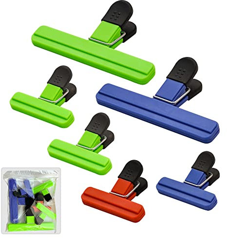 6 Pcs Sturdy Food Bag Clips with Tight Grip, in 2 Assorted Sizes & 3 Colors. Food Clips for Sealing Unfinished Snacks, Cereals, and Reusable to Seal All sort of Food Storage Bag (6)