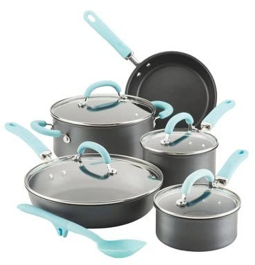 Rachael Ray Create Delicious Hard Anodized Nonstick Cookware Induction Pots and Pans Set, 10 Piece - Gray with Light Blue Handles