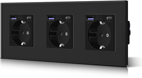 BSEED Steckdose aus Glas mit 20W USB C, Schnellladegerät Wandsteckdose, 3 in 1 Unterputz Steckdosen, Einfache Installation, 240V 16A, 228mm 3 Fach Schwarz