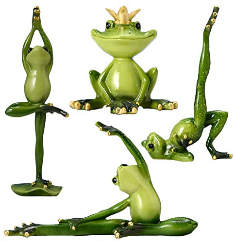 Syfunlv 4 Stücke 3D Yoga Frosch Statue,Harz Yoga Frösche Figurine,4 Verschiedene Yoga-Pose,Deko Frosch Figur sitzend in Yoga-Haltung, Lustige Kreative Desktop Ornament,für Home Office