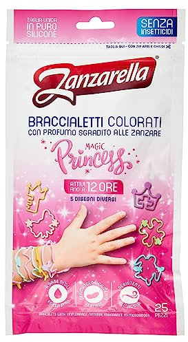 Zanzarella, 24 x 25 pulseras antimosquitos Magic Princess de silicona 100% reciclable con repelente de mosquitos a base de aceites naturales, activos hasta 12 horas, con 5 diseños de colores, talla
