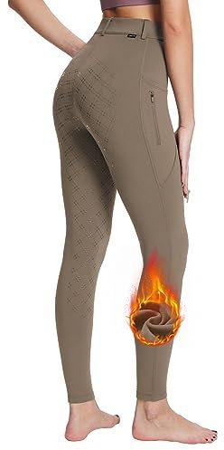 baleaf Damen Winter-Reithose Fleece-Reithose Vollbesatz Reithose Reißverschluss-Taschen Leggings Braun XS