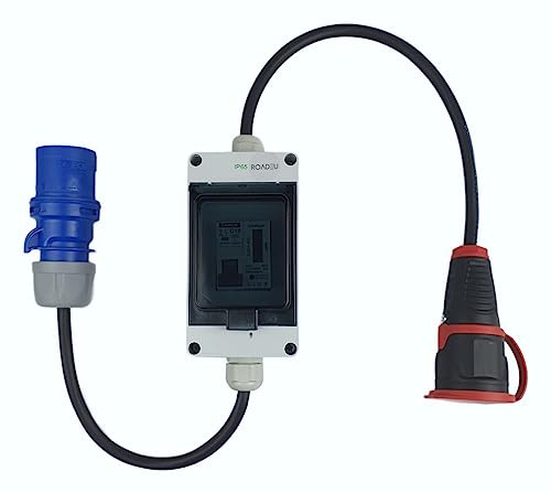 RoadEu - Adapter für Caravan - CEE-Stecker 3P 16A auf Buchse 230V - Kabel 3x2 5mm2 - Verlängerung 1 Meter mit Stromzähler. IP44