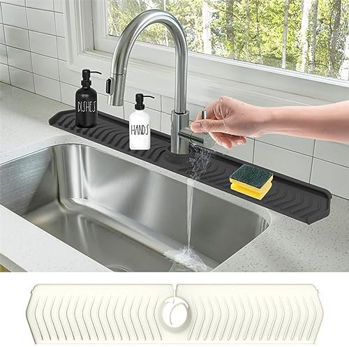 Kitchen Sink Splash Mat Silicone Faucet Handle Drip Catcher Tray Thickness and Slope Upgraded Sink Splash Guard Behind Faucet Protector Mat for Kitchen 30 X 5.7 (Beige)