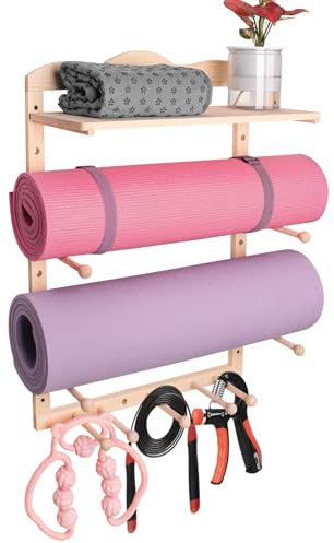 BiJun Yogamatten-Halter, Wandhalterung, Heim-Fitnessstudio, Organisation für Zuhause, Fitnessstudio, Holz-Yogamatten-Halter, Zubehör zum Aufhängen von Stretch-Gurt, Yoga-Widerstandsbänder,