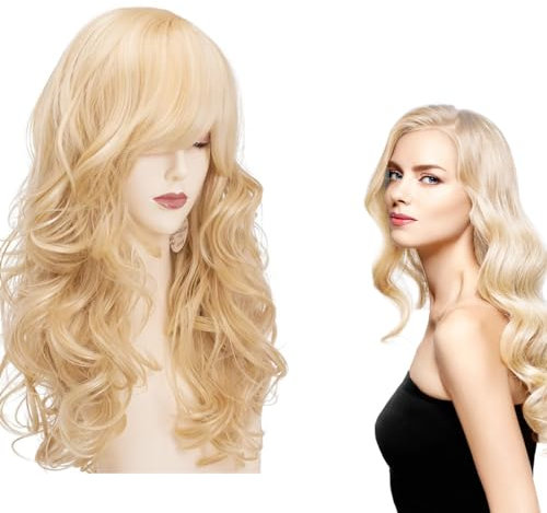60cm Lange Perücken Blond, Blonde Perücke Damen, Perücke Blond Lang, Blonde Wig Bangs, Lange Gewellte Perücken Mit Pony, Perücke Damen Blond Lang Für Tägliche Zusammenkunft, Cosplay, Party, Halloween