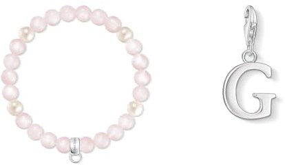 THOMAS SABO Damen Charm-Armband Rosenquarz Süßwasserzuchtperle 925 Sterling Silber X0222-469-9 & Damen Charm-Anhänger G Buchstabe Charm Club 925 Sterling Silber 0181-001-12