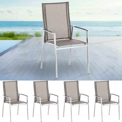 LEBENSwohnART 4er-Set Premium Hochlehner 100cm Gartenstuhl Acero Taupe Textilene Edelstahl stapelbar