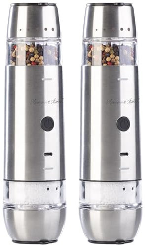 Rosenstein & Söhne Mehrzweck-Gewürzmühle: 2er-Set automatische 2in1-Akku-Gewürzmühlen mit 2 Keramik-Mahlwerken (Akku-Multi-Gewürzmühle, Salz-Pfeffer-Mühle 2in1, Schleifer)