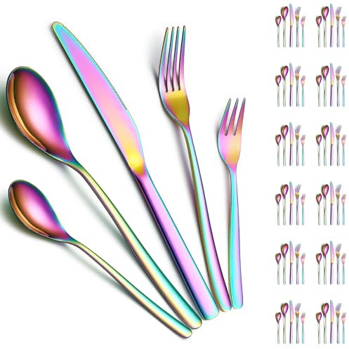 ReaNea Juego de Cubiertos 60 Piezas Servicio para 12 Titanio Arco Iris Incluye Cuchillos, Cucharas, Tenedores, Cucharas de Té, Tenedores de Postre