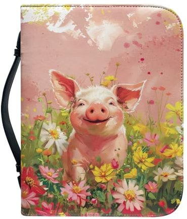 ZIATUBLES Cute Pig - Custodia per bibbia in pelle PU con stampa retrò margherite e fiori, per donne e uomini, grande capacità, per libri, chiesa, bibbia, protezione per scritture, con tasca con