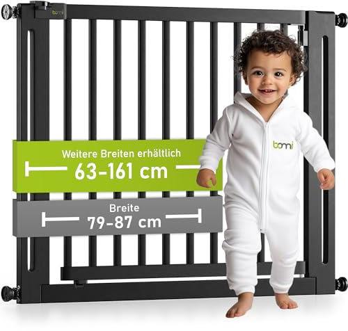 BOMI Kindertreppen Gitter Miko PEFC geprüftes Buchenholz | Ohne Bohren | 90° Stop | Baby Gitter Holz mit XXL-Tür | Kindertreppenschutzgitter Tür und Treppenschutzgitter zum Klemmen | Breite: 79-87 cm