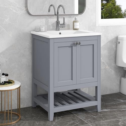 BTM Badmöbel Einzel Waschtisch mit Unterschrank 60cm mit Keramik-Waschbecken,Waschbeckenunterschrank mit Tür und Offener Stauraum,Hellgrau