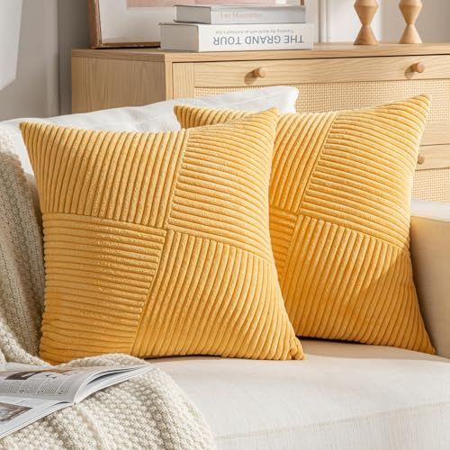 DecorMommt Sofakissenbezüge 45x45 Gelb Kissenbezug Cord Samt Kissenbezüge Herbst Winter Dekorativ Modern 2er Set Waschbare Uadrat Kissenhülle für Wohnzimmer Schlafzimmer Balkon Heimdekoration